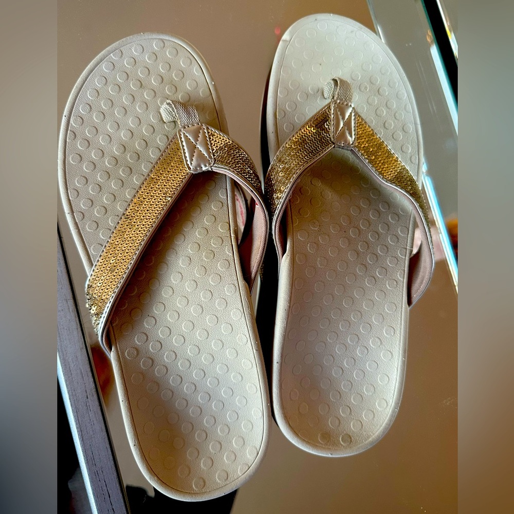 Gold sequin Vionic sandal with Orthaheel arch support